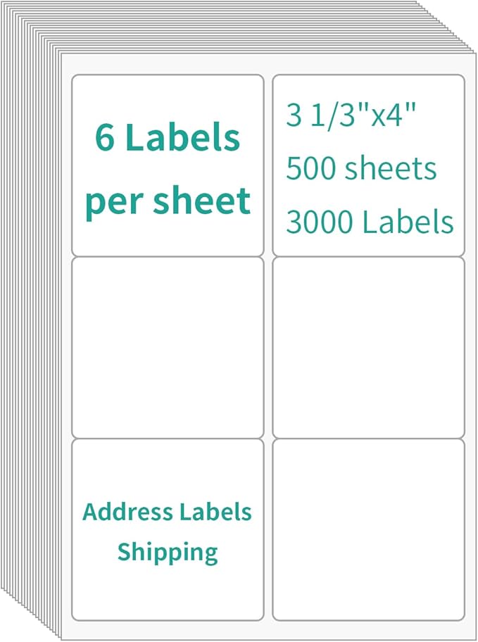 InpourPack 6 UP Labels, 4" x 3-1/3" Shipping Address Labels for Laser Inkjet Printer, Self Adhesive, Blank Mailing Sticker Printer Paper (500 Sheet=3000)