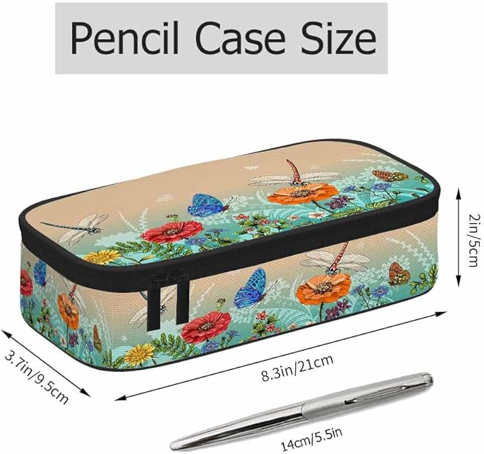 Dragonflies Butterflies Pencil Case Flowers Grass Plants Summer Pencil Bag Pen Markers Pouch Holder Organizer for Boy Girl School Students
