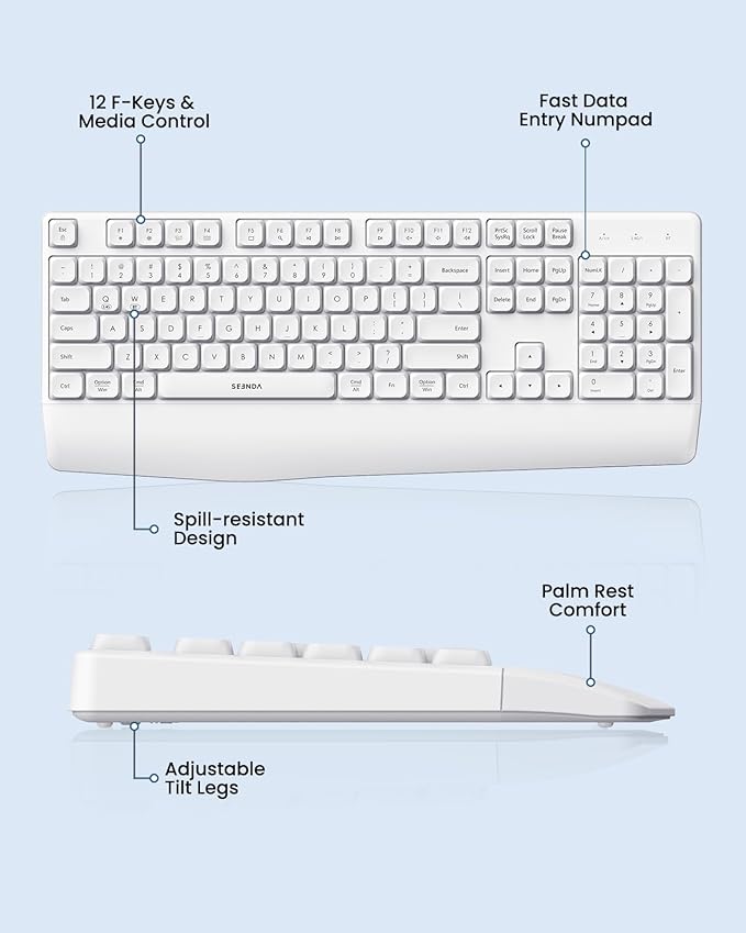 seenda Wireless Bluetooth Keyboard and Mouse Combo, COE200 Ergonomic Wireless Keyboard Mouse with Wrist Rest, Multi-Device Connection, Full-Size, Compatible for Computer/Laptop/Mac/MacBook, White