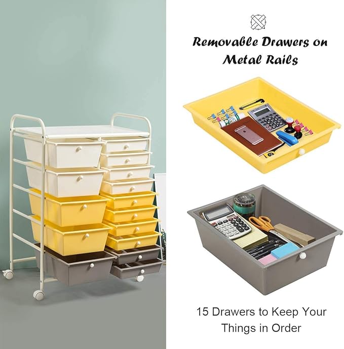 ARLIME 15-Drawer Storage Cart, 15 Drawer Trolley, Rolling Organizer Cart, Scrapbook Paper Organizer, Suitable for Office and School, Rolling Office Storage Tools (Yellow&White&Grey)