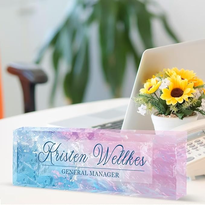 Custom Desk Name Plate Personalized, Acrylic Name Plates for Desk, Office Decor Personalized Gifts for Teacher Coworkers Boss Nurse (Blue Pink Glass)