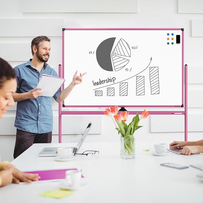 Large Dry-Erase Rolling Magnetic Whiteboard - 48 x 32 Inches Dry Erase Board with Stand Height Adjust Double Sides Mobile White Board Easel on Wheels with 25 Sheets Paper Pad Office, Home & Classroom