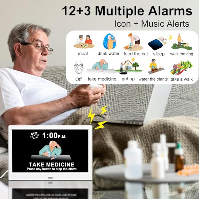 CAZOKASI Extra Large Impaired Vision Digital Alarm Clock with Day and Time for Elderly Calendar Clock Auto Dimmable Clock (10.1 Inch White)