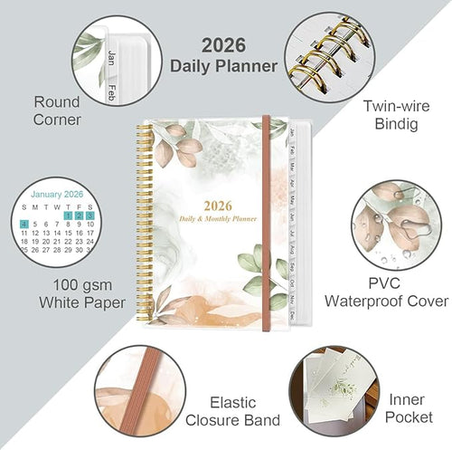 2026 Daily & Monthly Planner - One Page Per Day, Daily Planner from January 2026 - December 2026, Planner 2026 with 12 Monthly Tabs, 8.5" x 11", Rose Leaf