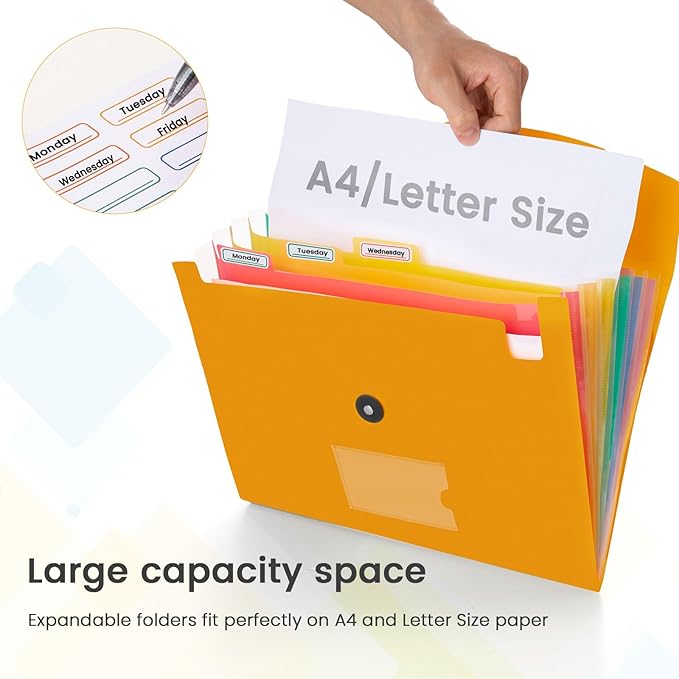 Accordion File Organizer, 7 Pockets Expanding File Folder with Labels, A4/Letter Size Portable Folders for Documents, Paper Organizer for School Office Supplies, Orange