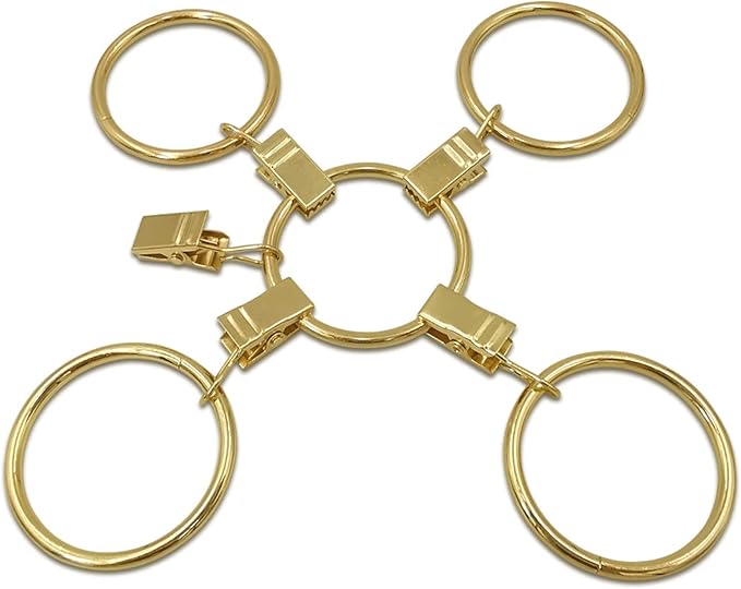 AMZSEVEN 40 Pack Metal Curtain Rings with Clips, Drapery Clips Hooks, Decorative Curtain Rod Clips 1.5 in Interior Diameter, Gold