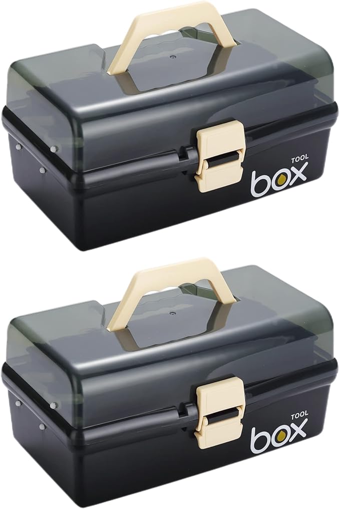 2PCS 12'' Three-Layer Clear Plastic Storage Box/Tool Box, Multipurpose Organizer and Portable Handled Storage Case for Art Craft and Cosmetic (Black)