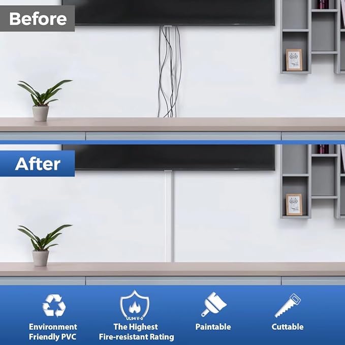 Cord Cover Wall 32in, TV Cord Hider for Wall Mounted TV, Large Cable Hider Kit for 3-6 Cords, Wire Management Raceway, White Wire Hider Concealer, 2 x L15.8in, W1.5in H0.75in