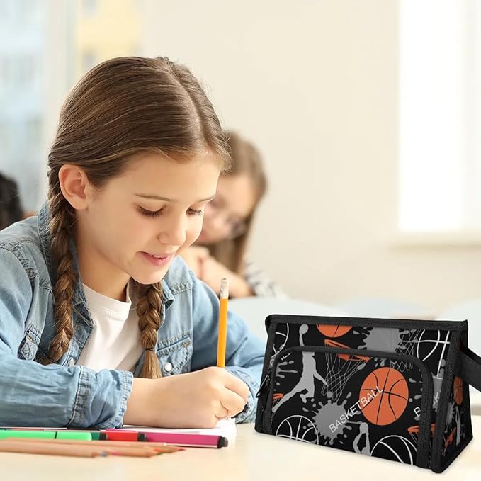 Pardick Large Capacity Pencil Case Pouch, Basketballs Portable Zipper Pencil Cases Pencil Bag Office Stationery Bag Makeup Bag Desk Organizer for Women Men