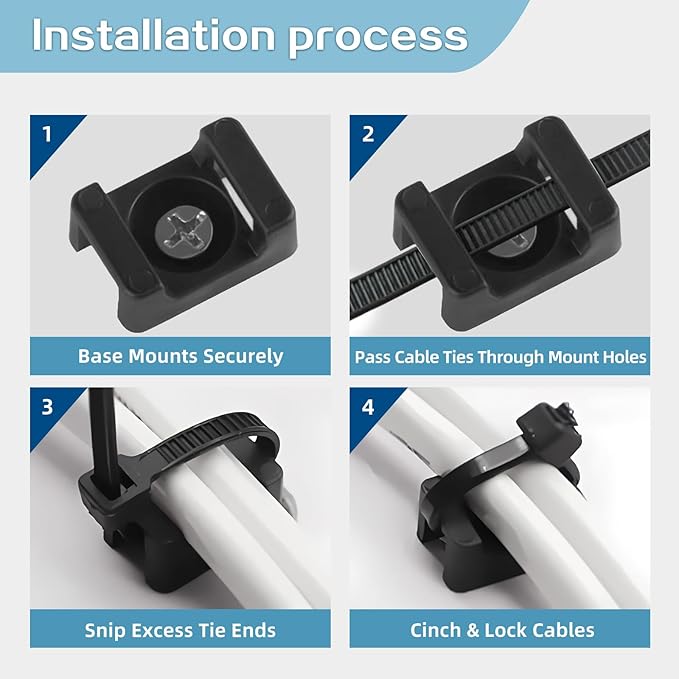 100Pcs Zip Ties with Screw Hole 8 Inch Cable Tie Mount, 0.6" Saddle Type Cable Mount Base Wire Mounting Clips Nylon Organizer Holders Clapms Zip Ties Anchors Fasteners for Wall(Black)