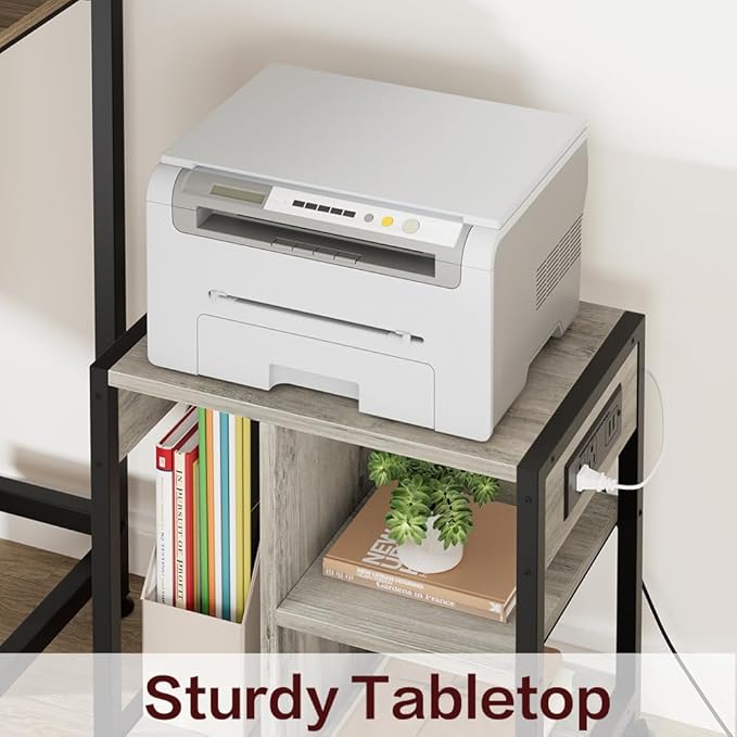 GarveeLife Small Printer Stand with Power Outlets, Rolling Printer Table with Lockable Wheels, Under Desk Printer Cart with Storage, Utility Storage Cart for Home, Office, Gray