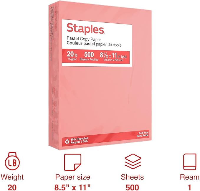 Staples Pastel Colored Copy Paper 8 1/2-Inch X 11-Inch Salmon 500/Ream
