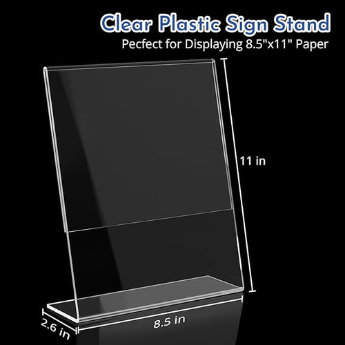 6 Pack Acrylic Sign Holder 8.5 x 11, Clear Desktop Menu Display Stand Slant Back Sign Holder, Plastic Flyer Stand for Displaying Posters Picture Flyers Menu(L Shape 8.5 x 11)