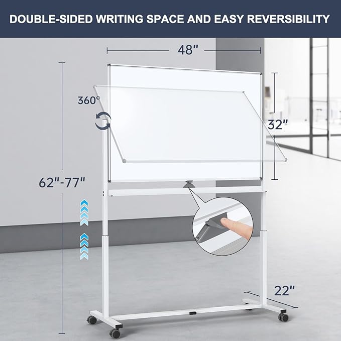 White Board on Wheels, 48 x 32 Inches Height-Adjustable Large Rolling Whiteboard, Mobile Magnetic Dry Erase Board with Stand, Double-Sided Standing Whiteboard for Office, Home, Classroom, School