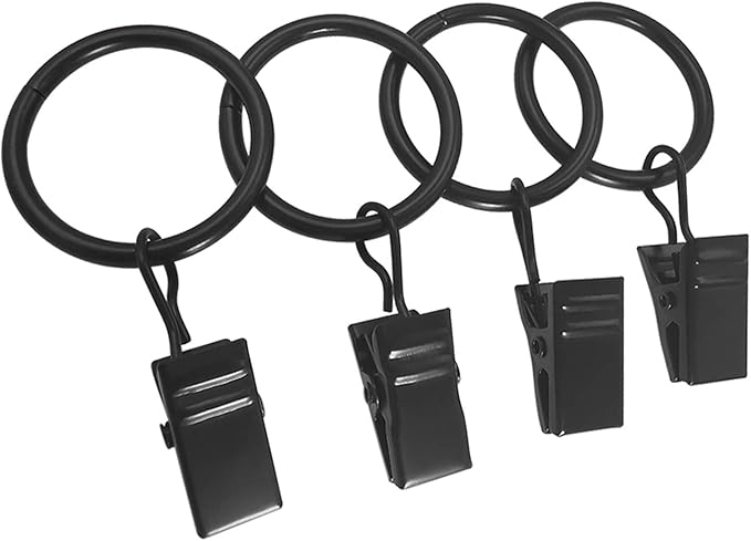 AMZSEVEN 100 Pack Metal Curtain Rings with Clips, Drapery Clips with Rings, Drapes Rings 1 inch Inner Diameter, Fits Diameter 5/8 inch Curtain Rods, Black