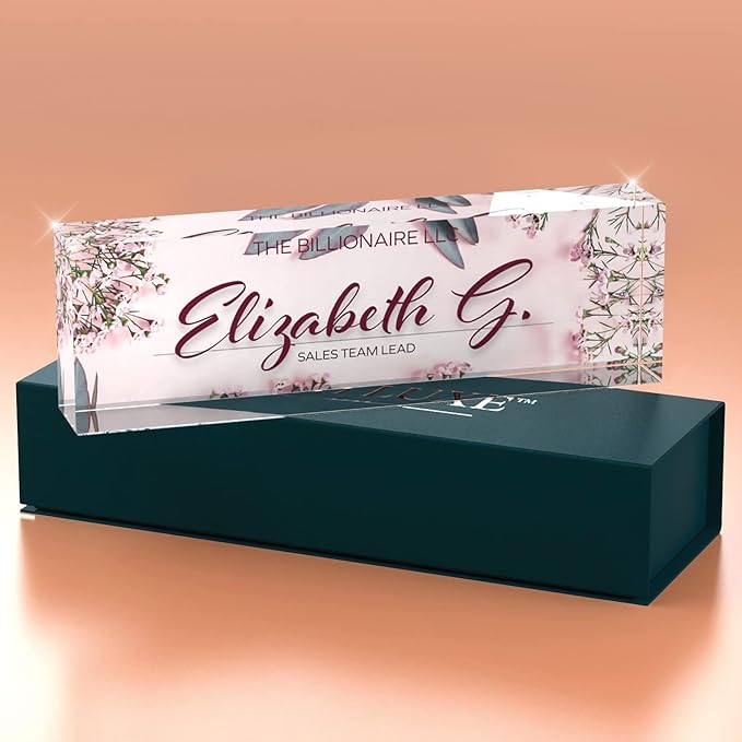 Desk Name Plate Personalized, Custom Name Plates, 2½/x8 Inches, Thick Crystal-Clear Acrylic, Gift Box, Office Desk Decor. USA Made by ACRYLUXE (Glowing)