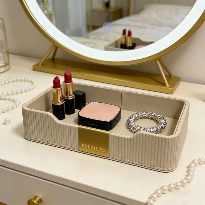 Valet Tray Nightstand Storage Organizer - PU Leather Desktop Storage Organizer Catchall Tray for Watch Wallet Phone Keys White|Beige (Beige)