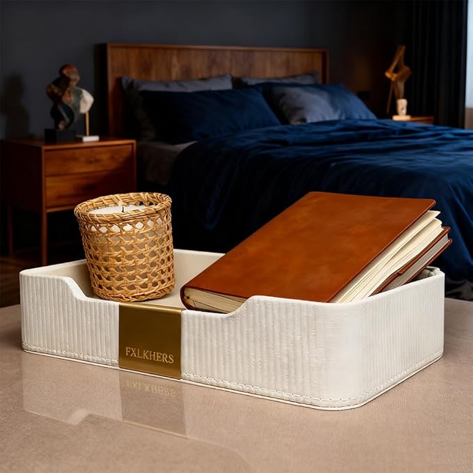 Valet Tray Nightstand Storage Organizer - PU Leather Desktop Storage Organizer Catchall Tray for Watch Wallet Phone Keys White|Beige (White)