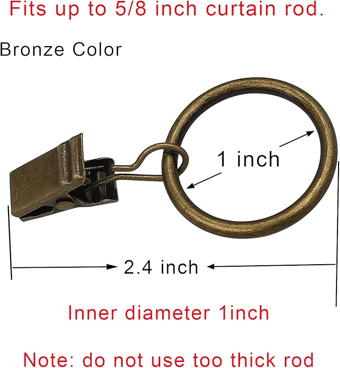 AMZSEVEN 44 Pack Metal Curtain Rings with Clips, Drapery Clips with Rings, Drapes Rings 1 inch Inner Diameter, Fits Diameter 5/8 inch Curtain Rods, Vintage Bronze