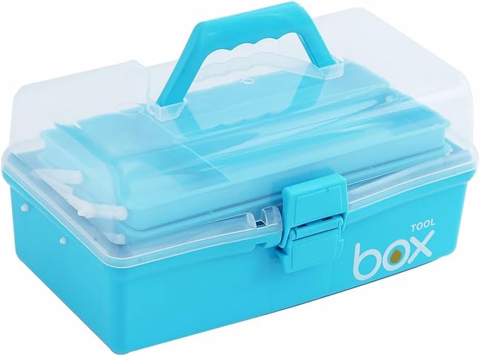 12'' Three-Layer Clear Art Box Organizer, Multipurpose Plastic Craft Box with Handle (Blue)