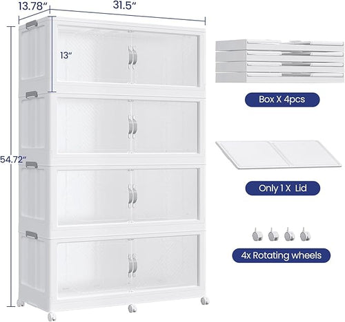 640QT Extra Large Stackable Storage Bins with Lid, 160Gal Plastic Closet Organizers and Storage Drawer, Collapsible Cabinet Box with Wheels Clear Doors for Home Kitchen Office, 4Pack White