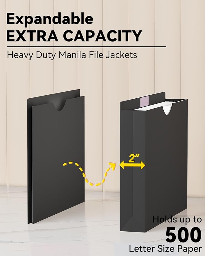 ANSOOK 2 Inch File Jackets & File Pockets,12 Pack Plastic Manila File Folders Letter Size, Heavy Duty Expandable Manile File Jackets, Reinforced Straight Cut Tab,Expanding File Jacket Folders