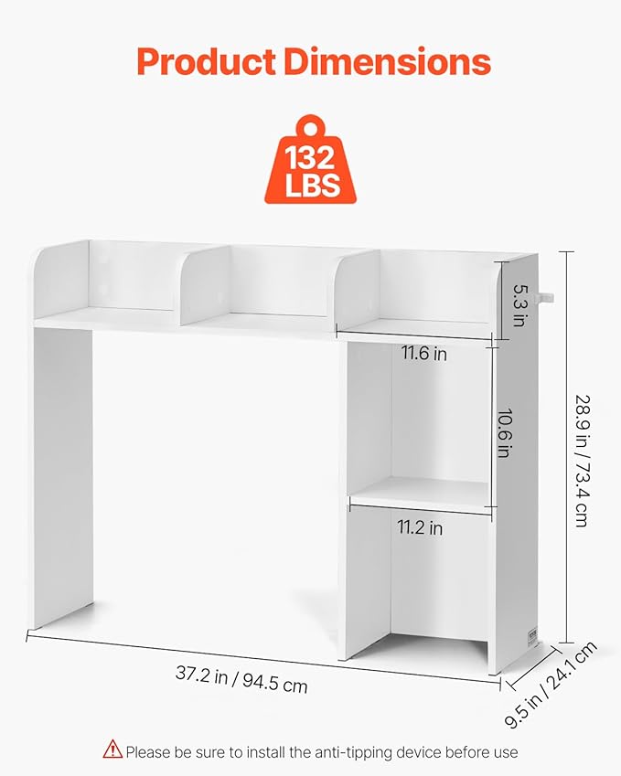 VEVOR Wood Desk Shelf, Desktop Bookshelf, Desk Storage Hutch with 6 Shelves, Office Countertop Organizer 3-Tier Display Rack, with Anti-Slip Feet Pads, for Office, Home & Dorm, White