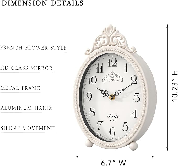 Abdurey Vintage Table Clock on Stand, Desk and Shelf Decorative Clock, French Rustic Style Antique White Mantel Clocks for Living Room,Farmhouse,Bedroom,Bedside,Gift Clocks