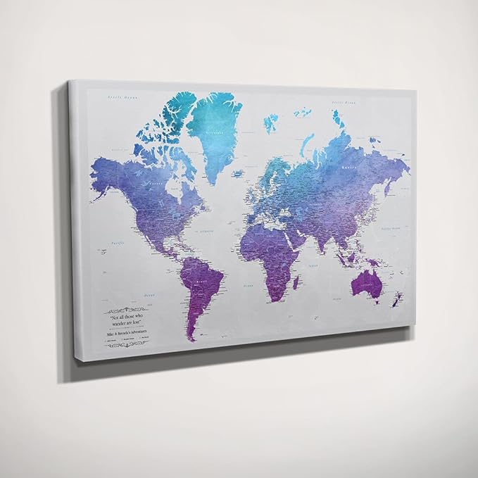 Gallery Wrapped - Vibrant Violet Watercolor World Push Pin Travel Map with pins