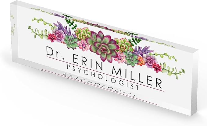 Artblox Office Personalized Name Plate for Desk with Business Card Holder On Clear Acrylic Glass Succulents Flowers Design Custom Desk Name Plate with Your Name and Credentials Customized Gift