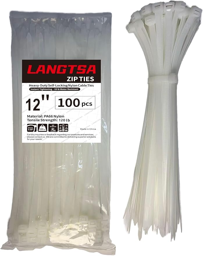 12-Inch Heavy-Duty Nylon Zip Ties, 100-Pack – 120lb Tensile Strength, Secure & Reliable for Industrial, DIY, Workshop, and Travel (Black/White) by LANGTSA
