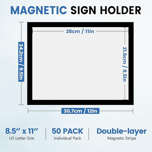 50 Pack Magnetic Sign Holder, 8.5in x 11in Self Adhesive Wall Mount Magnetic Document Holder, Magnetism Border Sign Holder with Transparent PVC Front Cover