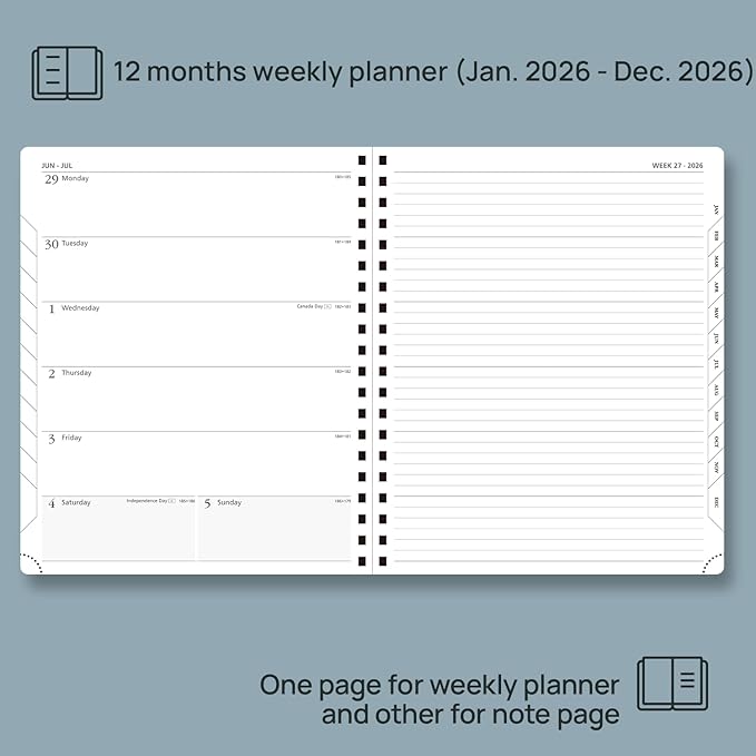 POPRUN 2026 Planner Weekly Notebook Calendar (Jan-Dec), Large Size 8.5'' x 10.5'' - Agenda 2026 Appointment Book with Monthly Tabs, Inner Pocket, Spiral Soft Cover, 100 GSM - Black