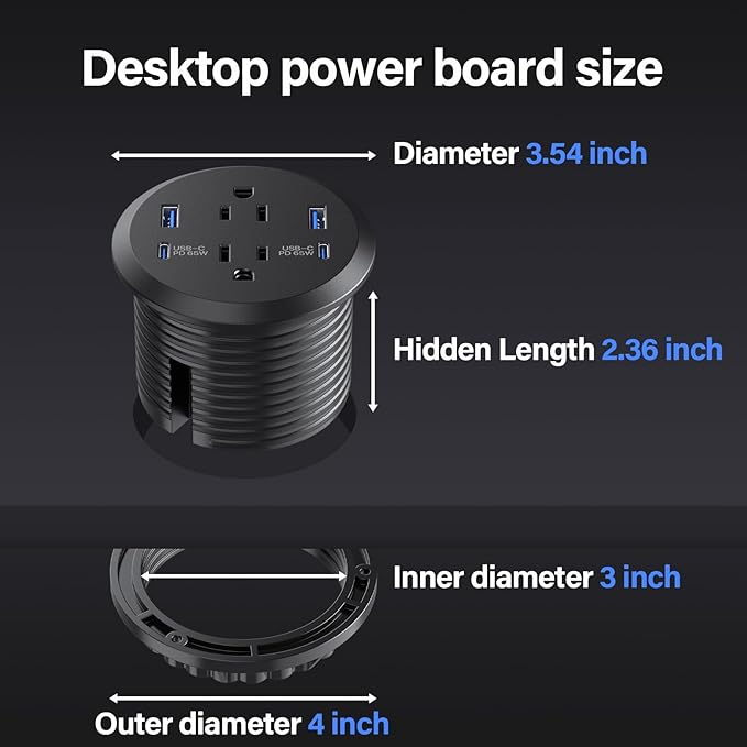 Jgstkcity Desktop Power Grommet, 65W USB C Fast Charging Port, Flush Mount Recessed Power Strip 3inch Hole,2 Outlets,4 USB Ports, Countertop Outlet (Black, 65W USB Port)