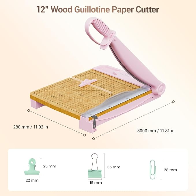 12 Inch Heavy Duty Paper Cutter, Wood Guillotine Paper Cutter & Paper Trimmer, 30 Sheets Capacity Paper Cutting Board for Classroom, Crafting, Cardstock Pink