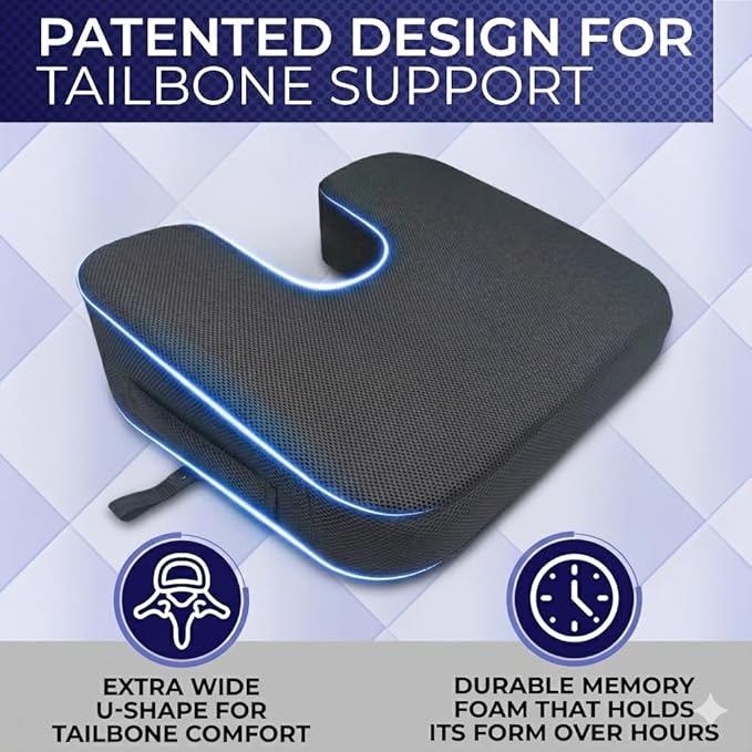 YogiBum Patented Cushion | Extra Large Tailbone Gap | Small Size for 100 lbs to 190 lbs | Relief for LowBack, Tailbone, Sciatica, Hemorrhoids | Snug Fit on Office/Computer Chairs