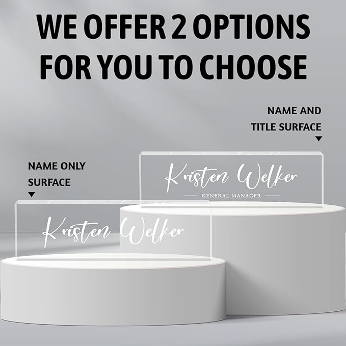 Personalized Acrylic Desk Name Plates, Custom Office Gifts & Decor, 2.5" Tall x 0.59"-1.18" Thick, Transparent, Portrait Orientation, Tabletop Mount