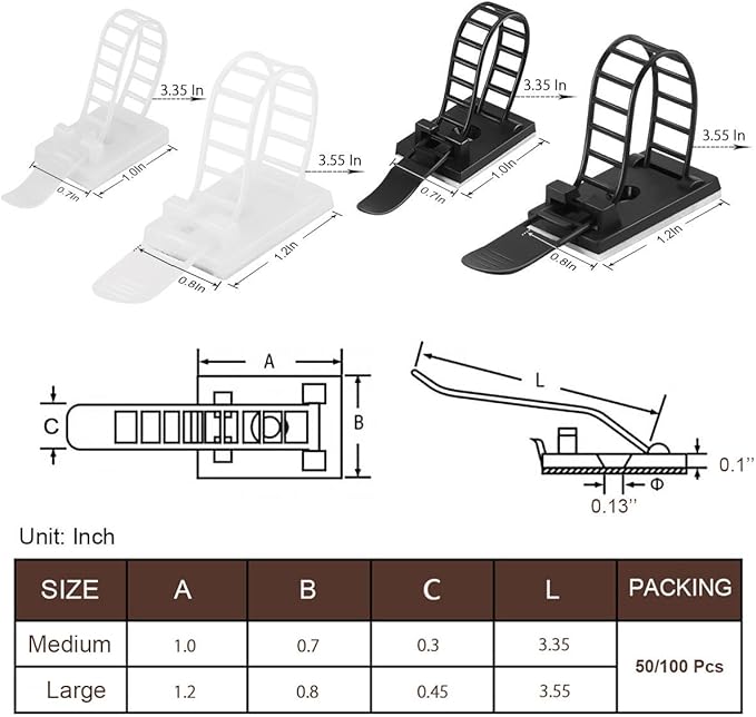 100Pcs Adhesive Cable Management Clips with 50Pcs Zip Ties, Adjustable Nylon Cable Strap Ties Wire Clips Clamps Organizer, Extra Screw & Hole - 3.55 Inch White