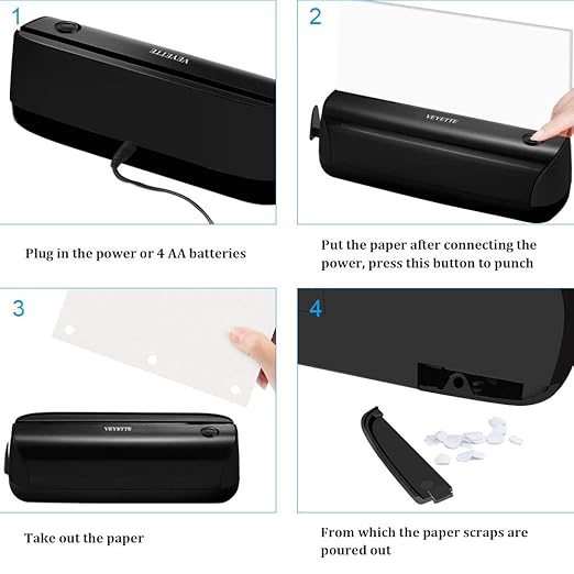 Electric 3 Hole Paper Punch, VEYETTE Paper Puncher with Adapter for Office School Studio, 20 Sheet Capacity, AC or Battery Black