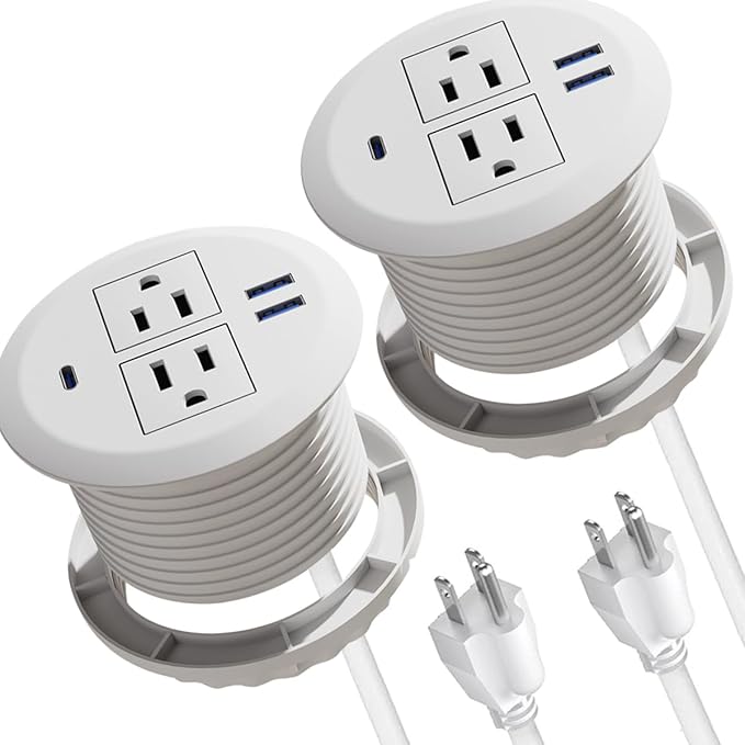Desktop Power Grommet - Set of 2,3-inch,20W USB C Fast Charging,Fits 3-1/8" Holes.Round Recessed Power Strip Flush Mount Desk Grommet Outlet,2-AC Outlet,3-USB Port,5 ft Cord,White