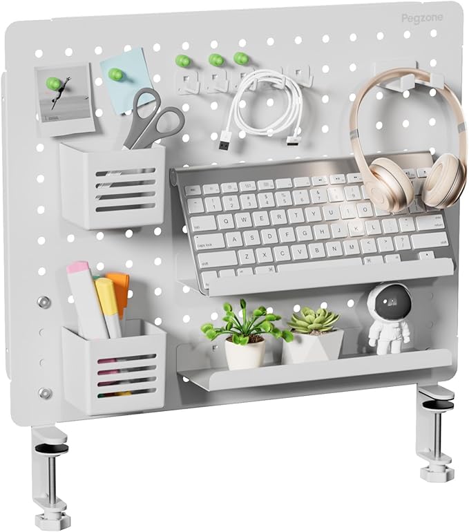 PEGZONE Clamp-on Desk Pegboard, Desk Organizer for Office Gaming Home, Magnetic Metal Peg Board with 15 Accessories, Privacy Panel for Office, 20.4" x 16.5", Large, White