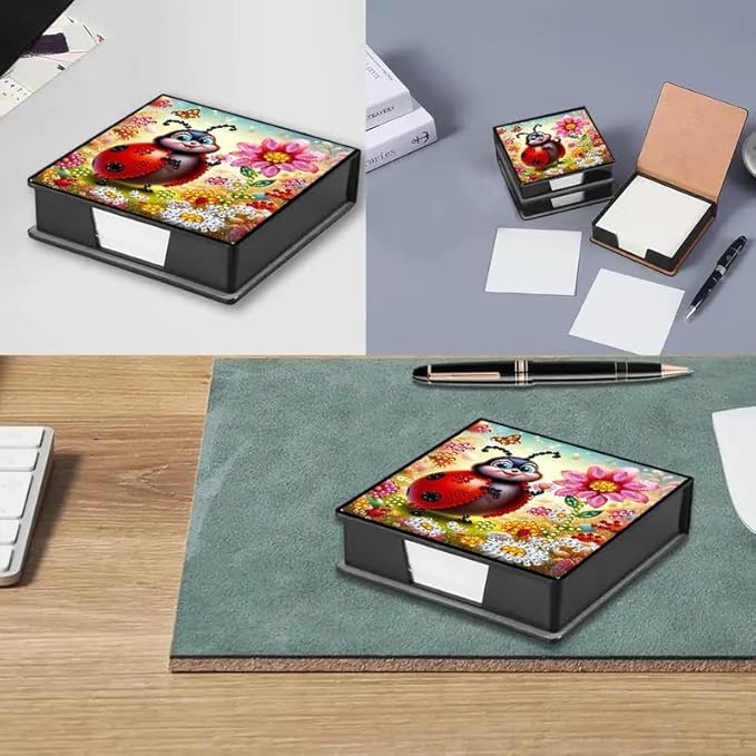 Ladybug Diamond Painting Note Box Memo Pad Holder, Diamond Art Sticky Notes Organizer for Desk, Aesthetic Stationery Storage Case for Office,School Supplies (Ladybug)