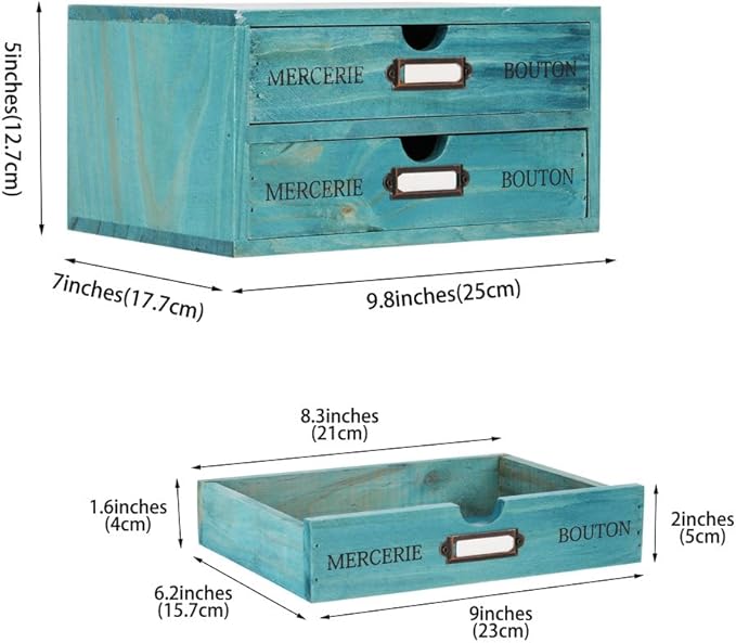 Wooden Storage Box Rustic Desktop Organizer with 2 Drawers Office Desk Accessories Shelf Small Craft Storage Containers Apothecary Cabinet and Chest Jewelry Holder for women(BLUE)