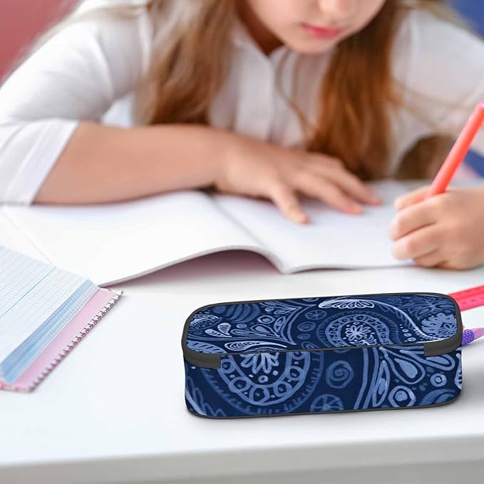 Indigo Flowers Pencil Case Ethnic Flower Pencil Bag Pen Markers Pouch Holder Organizer for Boy Girl School Students