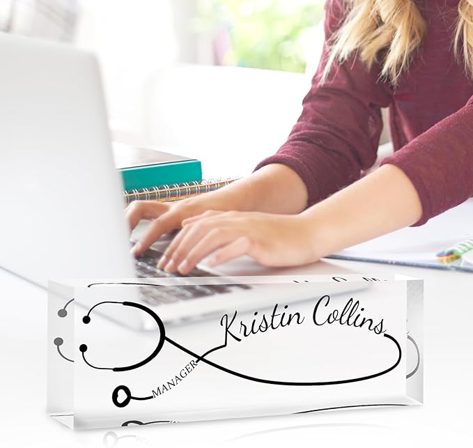 Custom Name Plate for Desk, Personalized Desk Name Plate on Clear Acrylic Glass, Appreciation Gifts for Teacher Employee Boss Coworkers Nurse, Office Desk Accessories for Women Men (Onyx)