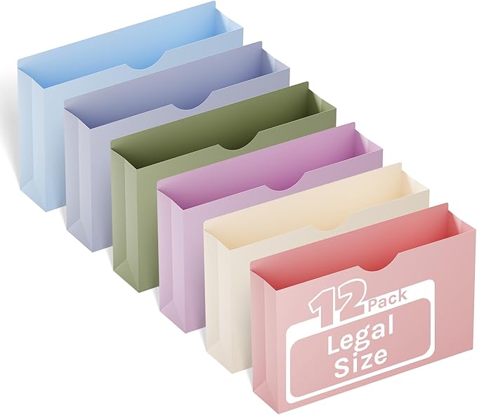 ANSOOK Plastic File Jackets,3" Legal Size Manila File Folder,12 Pack Expandable Project File Folders,Expanding File Jacket Folders for Cabinet,Straight Cut Tab,Manila Job Folder for Home Office