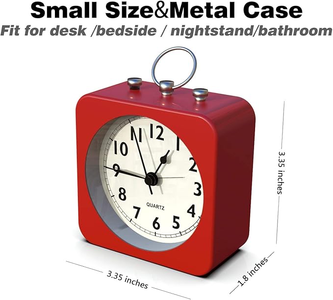 AYRELY® Battery Operated Alarm Clock,Small Retro Table Clock,Slient Metal Desk Clock with Light for Living Room Decor,Bedroom,Bedside,Shelf (Red)