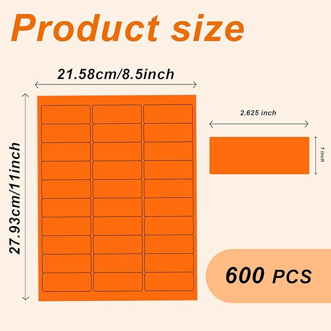 1" x 2-5/8" Colored Address Labels, 600 Bright Orange Label Stickers- Laser/Ink Jet Printer Mailing Labels, 8.5"x11" 20 per Sheet