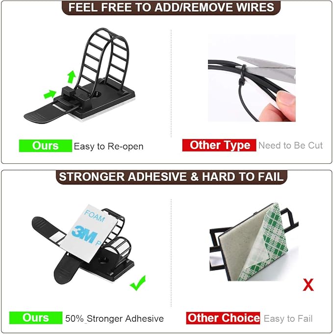 100Pcs Adhesive Cable Management Clips with 50Pcs Zip Ties, Adjustable Nylon Cable Strap Ties Wire Clips Clamps Organizer with Strong Adhesive Tape, Extra Screw & Hole - 3.55 Inch Black