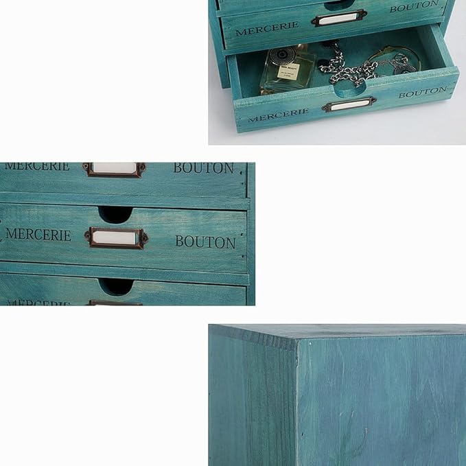 Wooden Storage Box Rustic Desktop Organizer with 2 Drawers Office Desk Accessories Shelf Small Craft Storage Containers Apothecary Cabinet and Chest Jewelry Holder for women(BLUE)